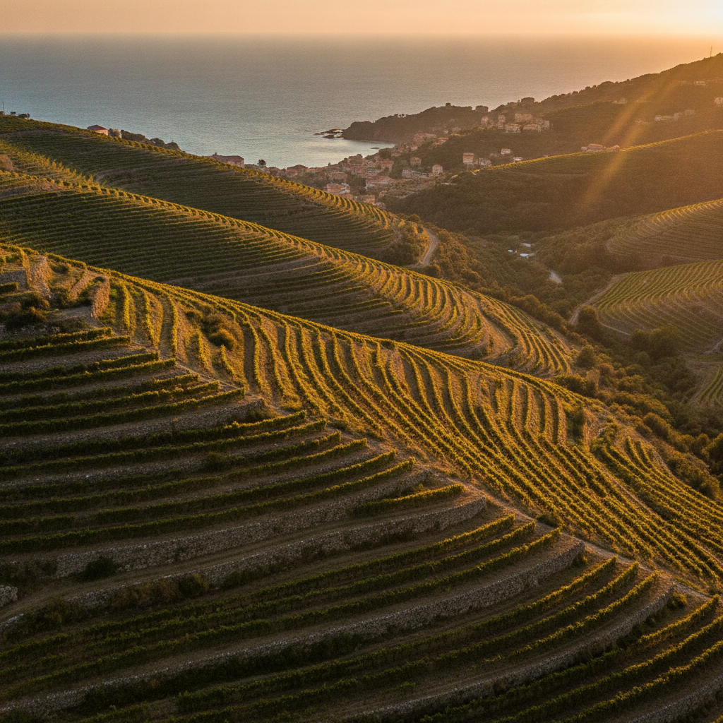 Terraced vineyards overlooking the Ligurian coast near Albenga