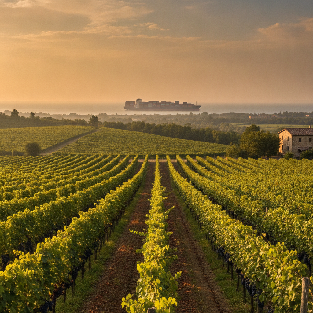 Weinbergzeilen unter der Sonne der italienischen Provinz Alessandria. Im weichen Fokus in der Ferne