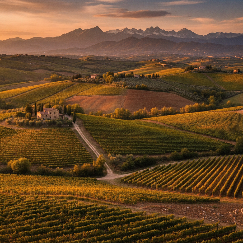 Wide shot of Ascoli Piceno vineyards under golden light