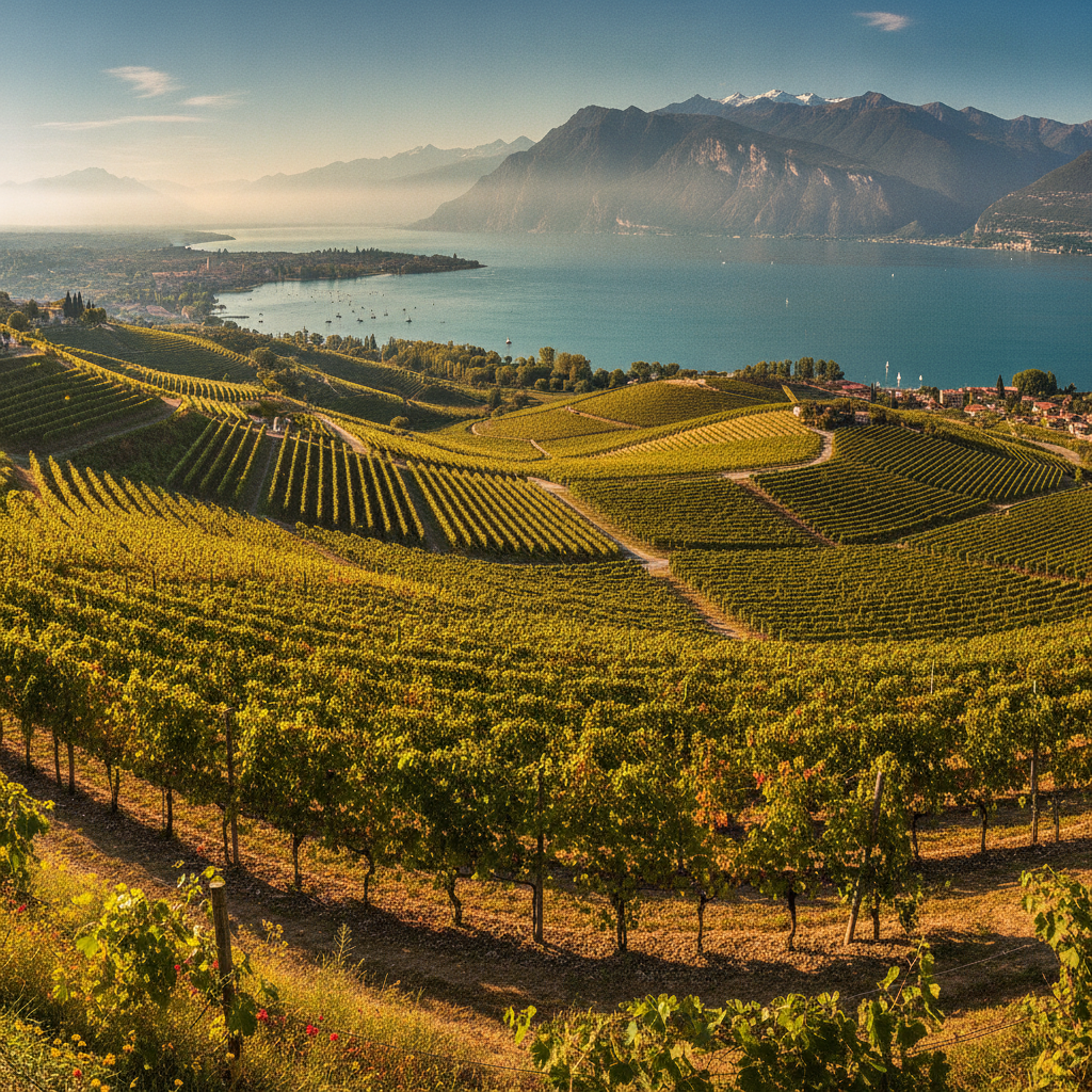 Panoramic view of sunlit vineyards in the Bardolino region