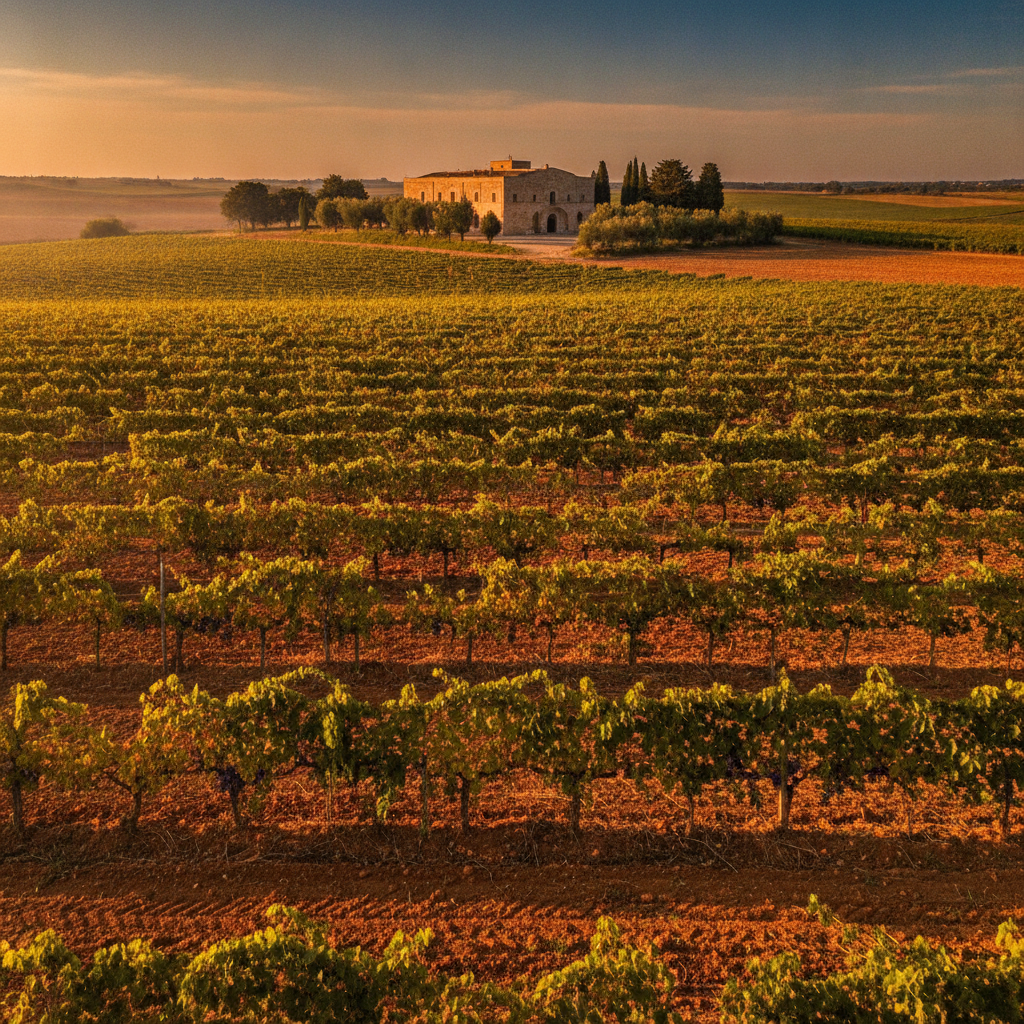 Sonnendurchflutete Weinberge, die sich über die charakteristischen Ebenen des DOC-Produktionsgebiets Barletta in Apulien erstrecken. Eine traditionelle Masseria oder ein antiker Steinge