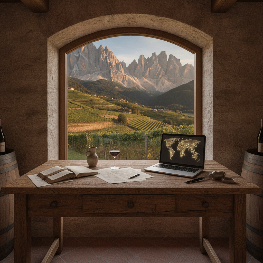 A rustic wooden desk in a small Belluno winery