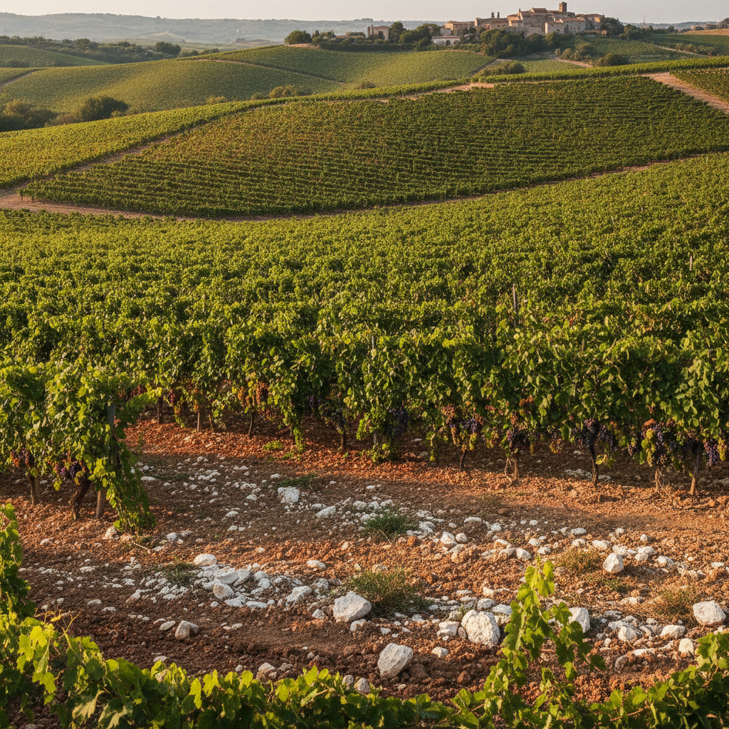 A wide shot of lush green grapevines stretching across the rolling hills of Benevento