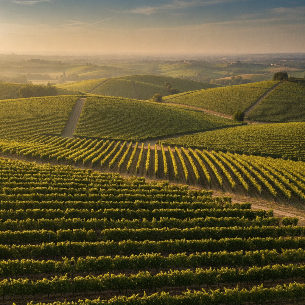 Expansive view of sunlit vineyards across the rolling hills of Bologna
