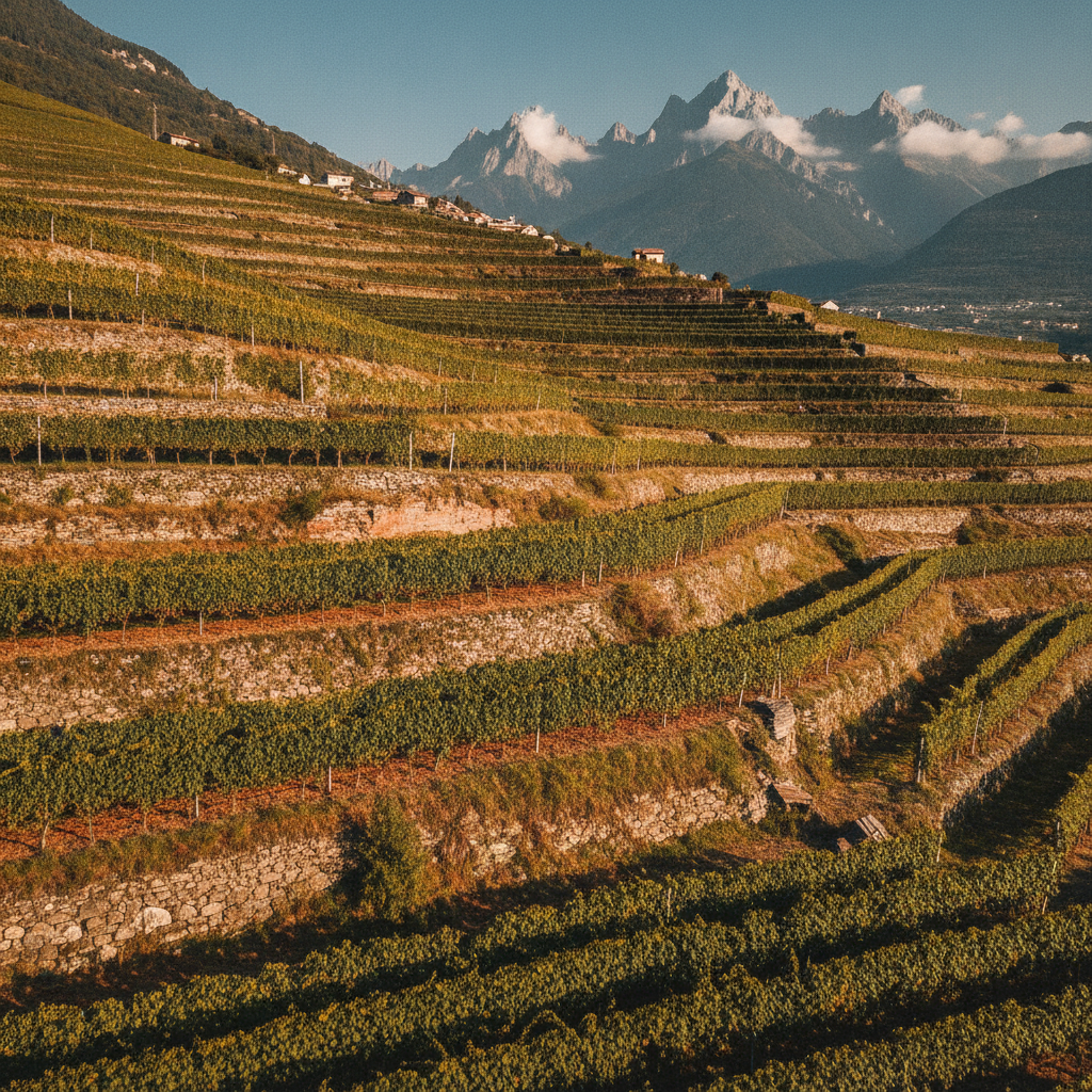 Panoramic view of sunlit vineyards covering a steep Alto Adige hillside near Bolzano