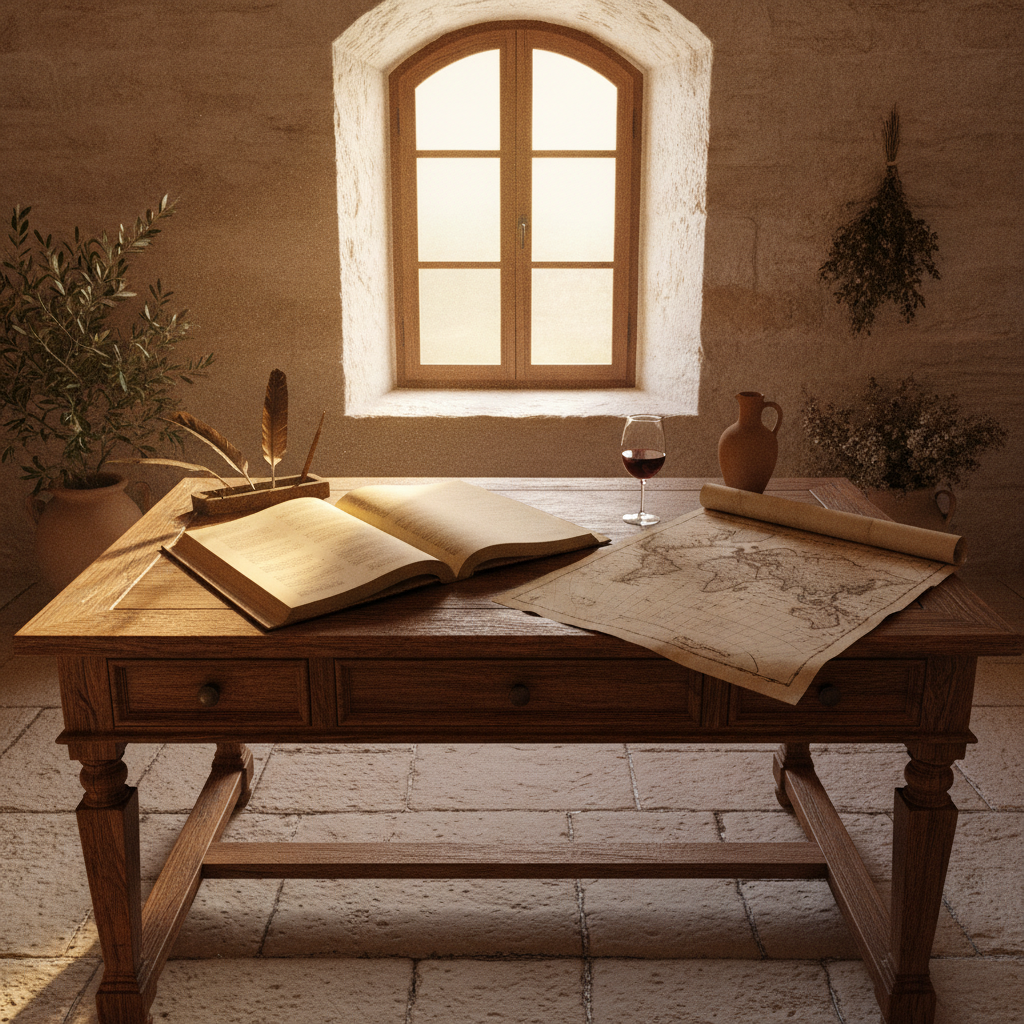 Un ancien bureau en bois à l'intérieur d'une masseria ensoleillée de Brindisi