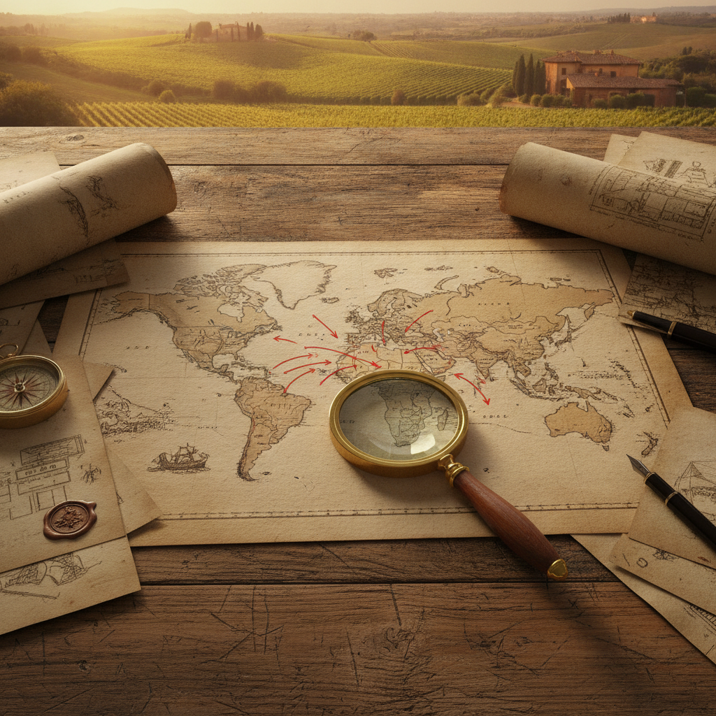 Vue aérienne d'un bureau en bois rustique. Une carte du monde vintage