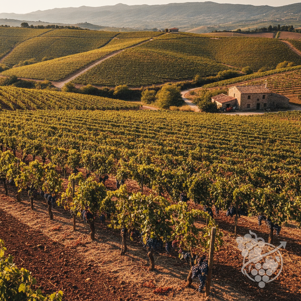 A wide shot of sun-drenched vineyards covering rolling hills in Caserta province