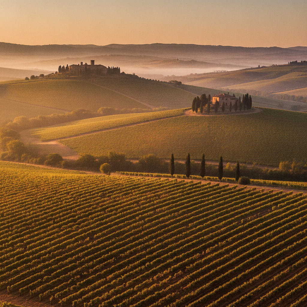 Rolling vineyards bathed in golden morning light