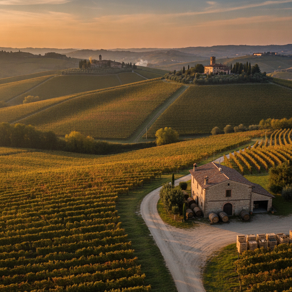 Panoramic view of rolling vineyards in Oltrepò Pavese