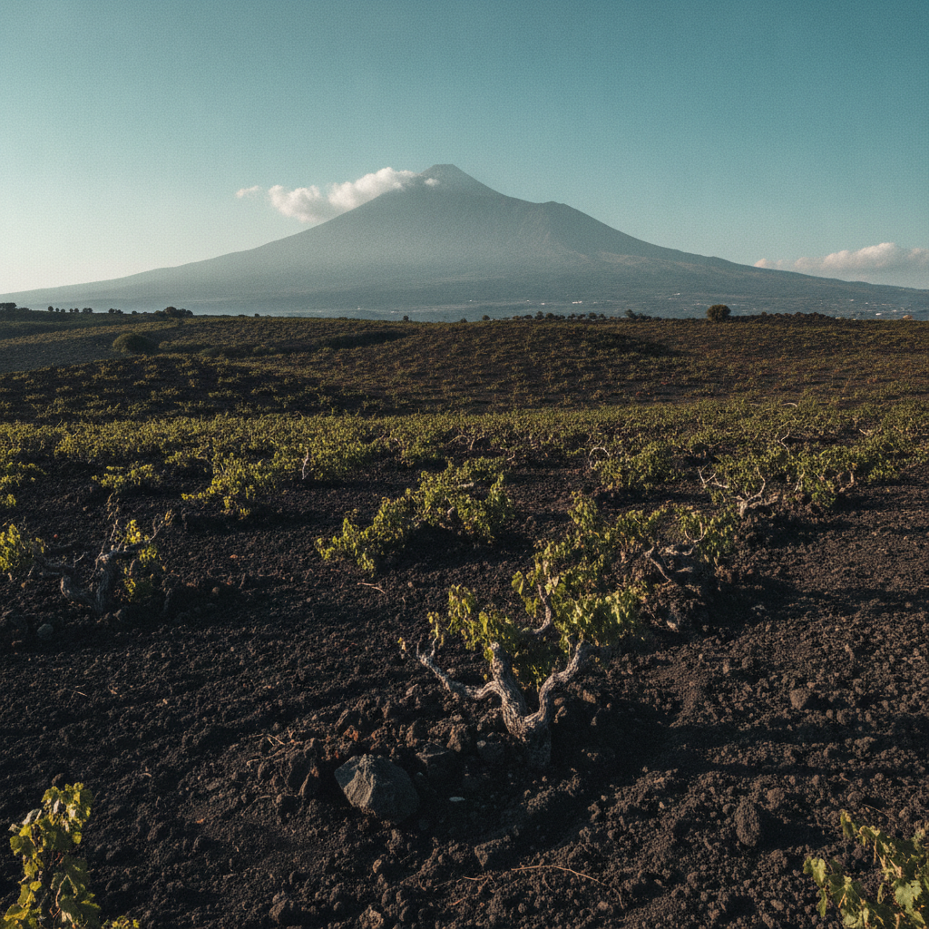 Vineyard on dark volcanic soil in Catania province. Distant