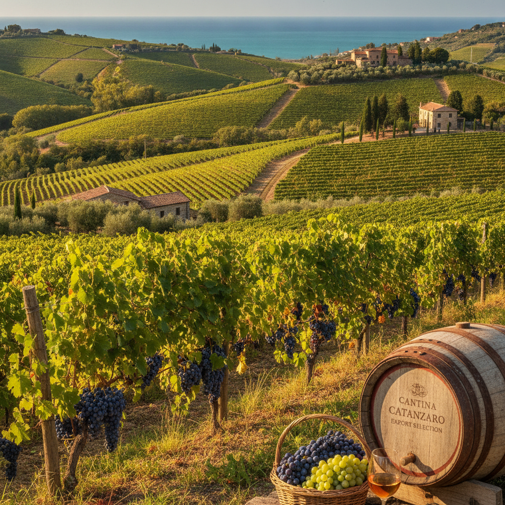 Sun-drenched vineyards on rolling hills in Catanzaro
