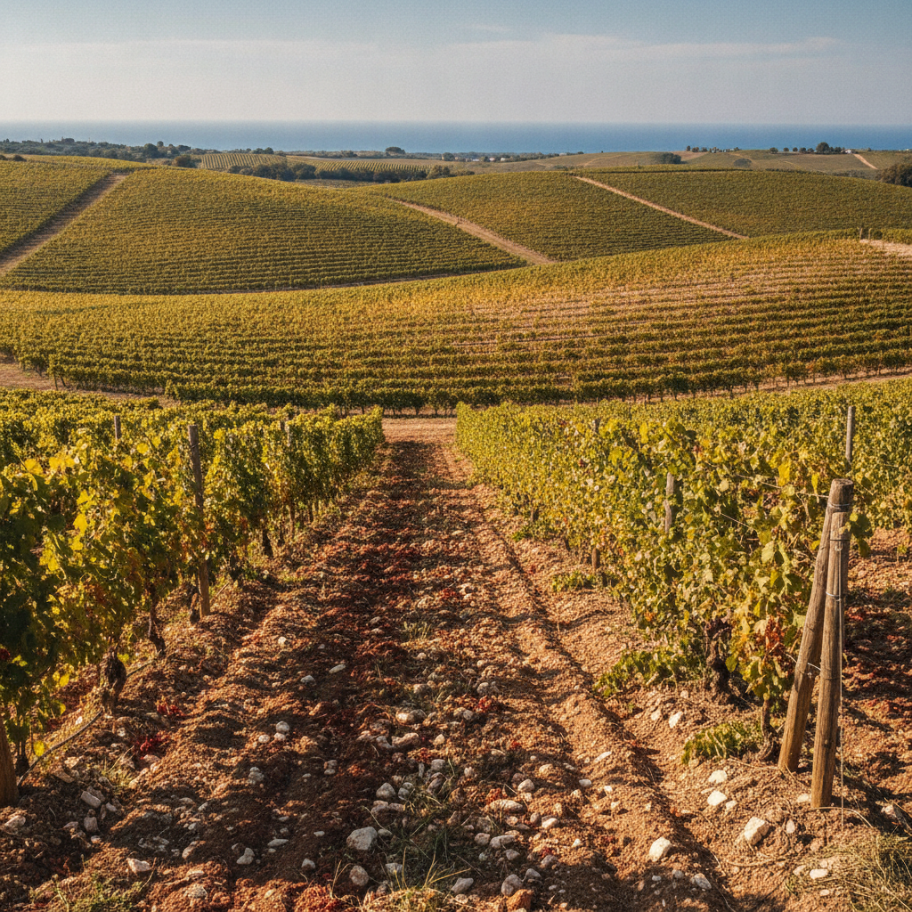 Sun-drenched rolling vineyards on hills in Chieti