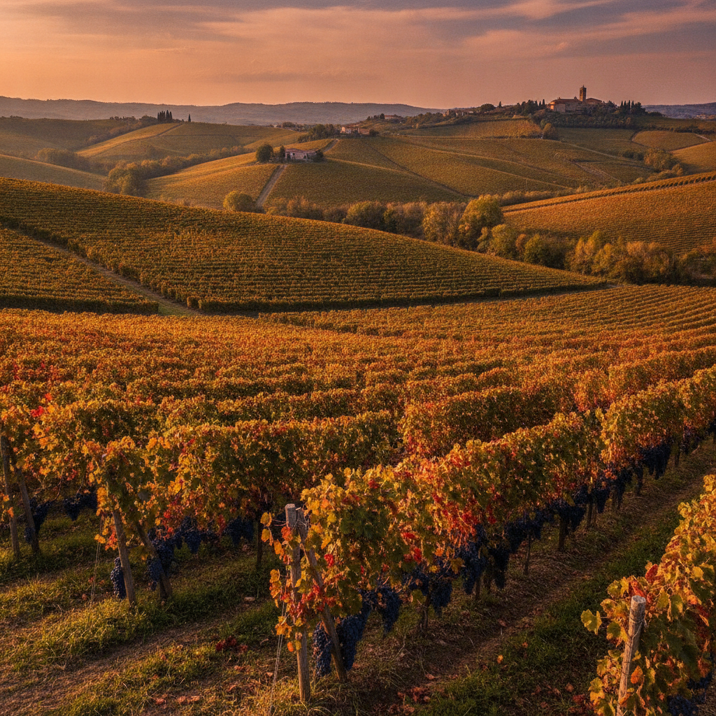 Expansive view of Dogliani's rolling vineyards
