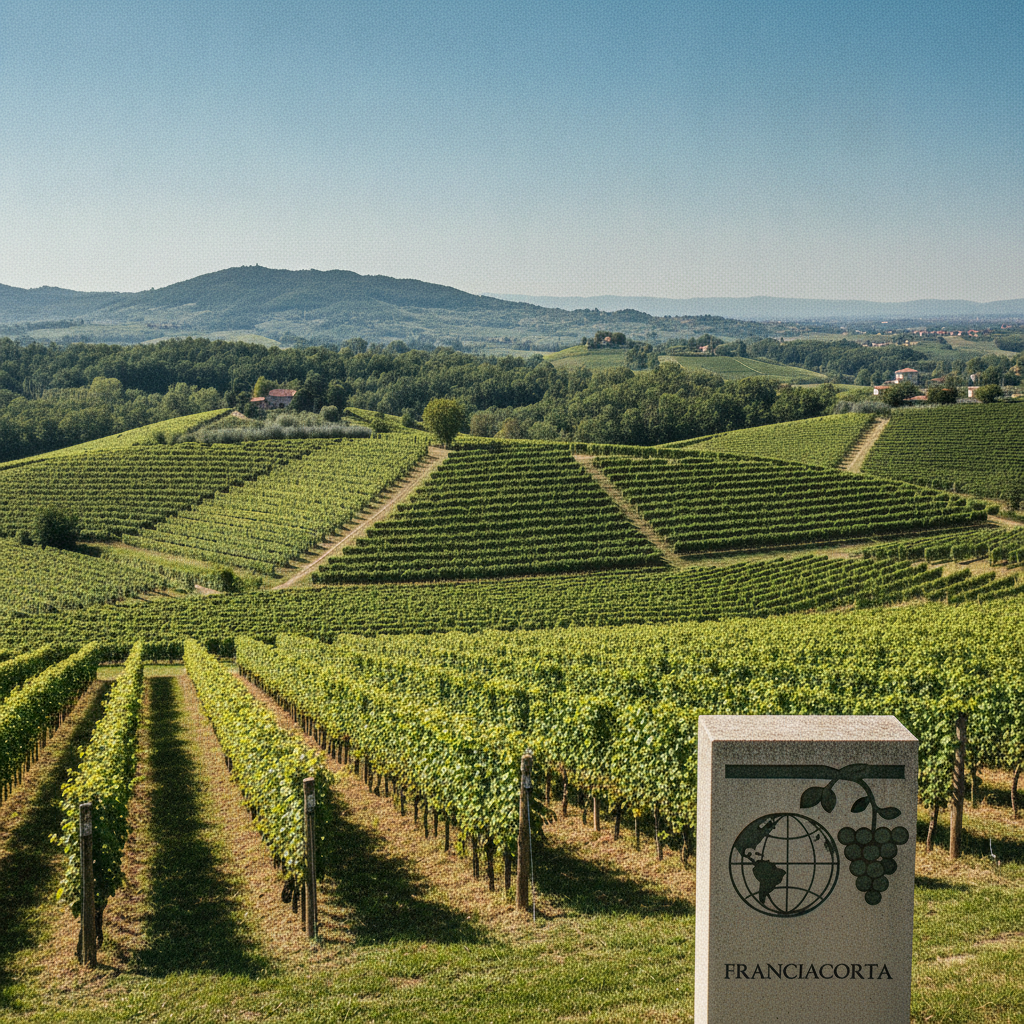 Panoramic view of meticulously tended Franciacorta vineyards in Erbusco under clear skies