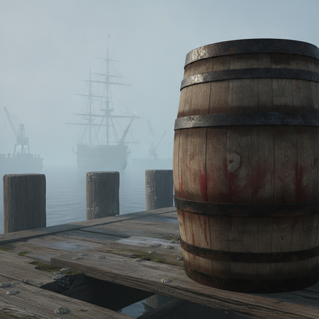 A weathered wooden wine barrel rests on a historic port dock