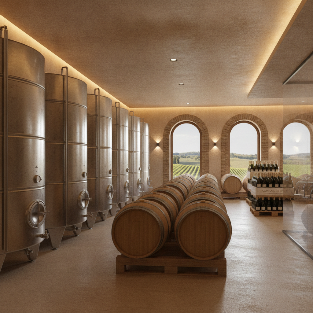 Modern Italian sparkling wine cellar. Sleek stainless steel tanks stand beside elegant oak barrels