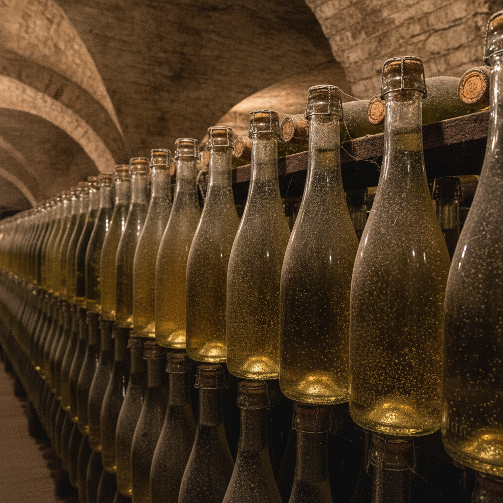 Horizontal stacks of unlabeled Italian sparkling wine bottles