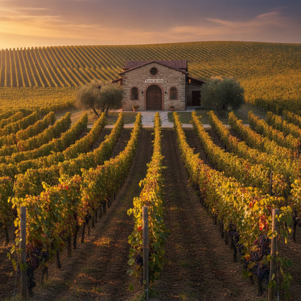 Late afternoon sun illuminates rows of vibrant grapevines in the rolling hills of Faenza