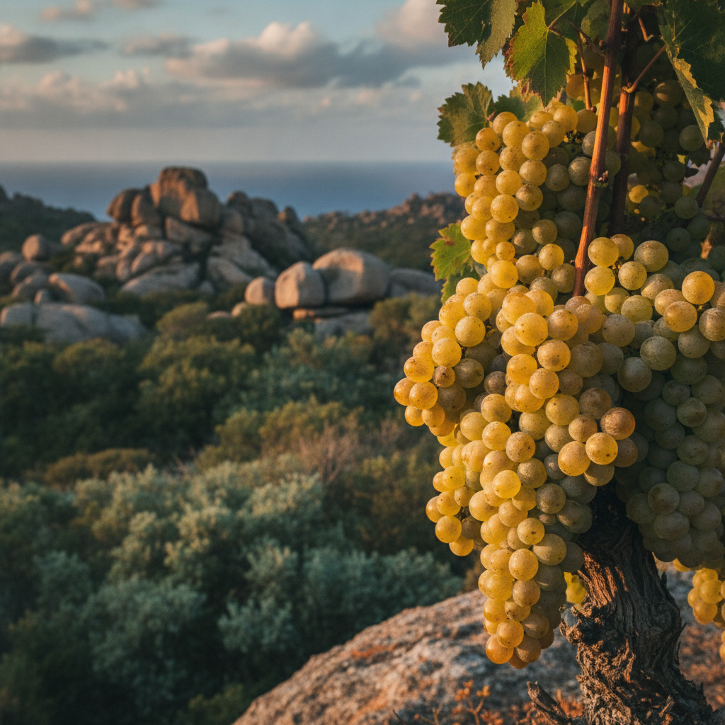 A vibrant cluster of Vermentino grapes on the vine