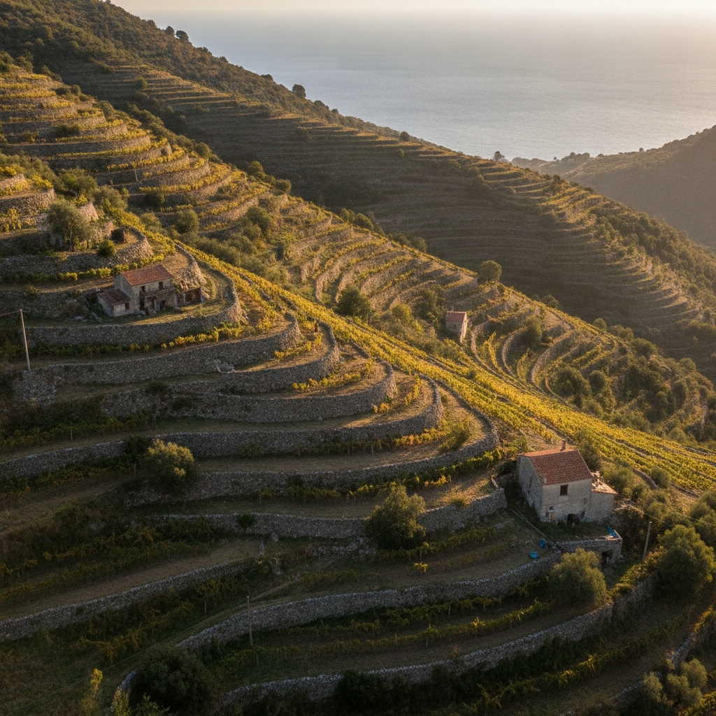 Terrassierte Weinberge mit Trockenmauern in der Provinz Imperia