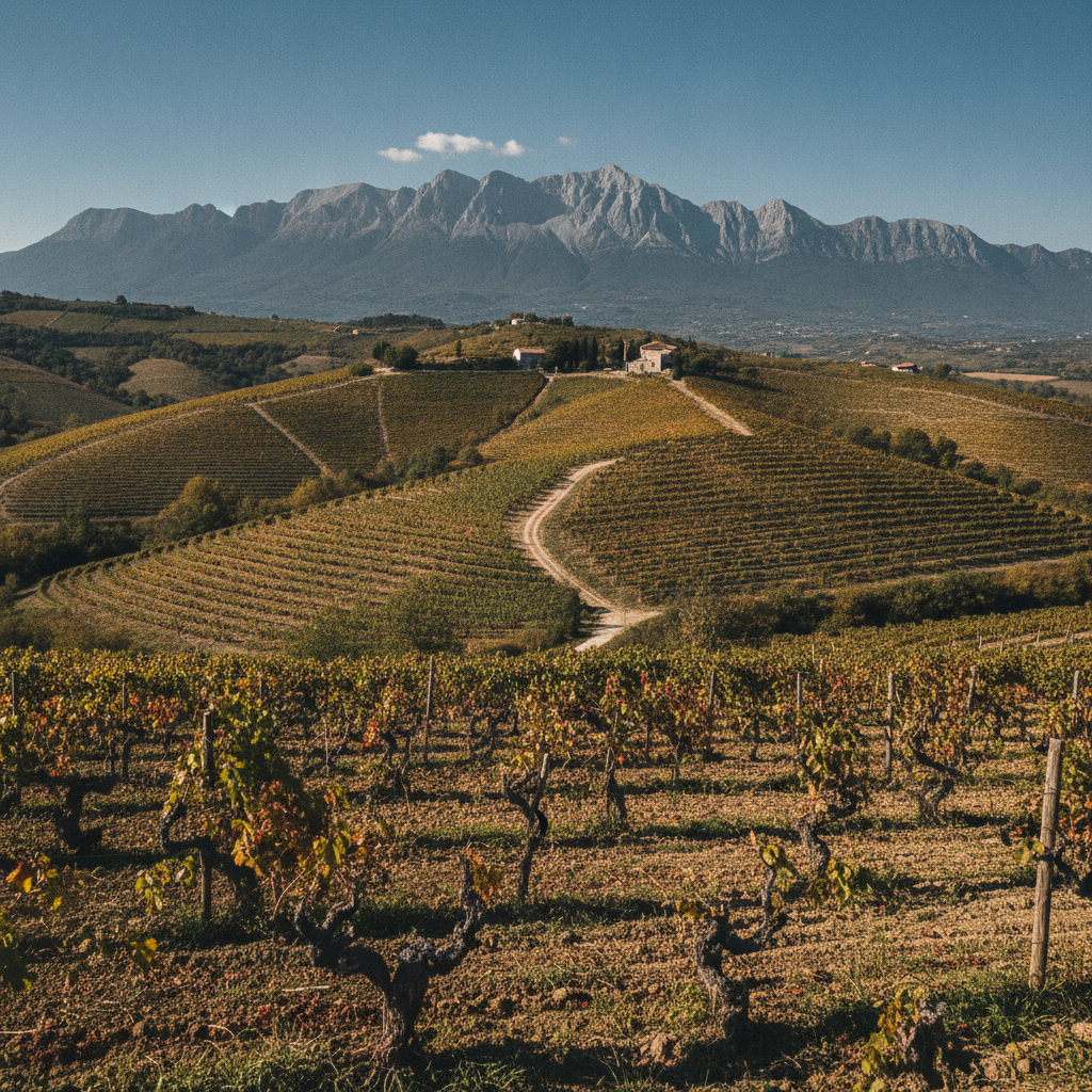 Wide landscape of rolling vineyards in Isernia province
