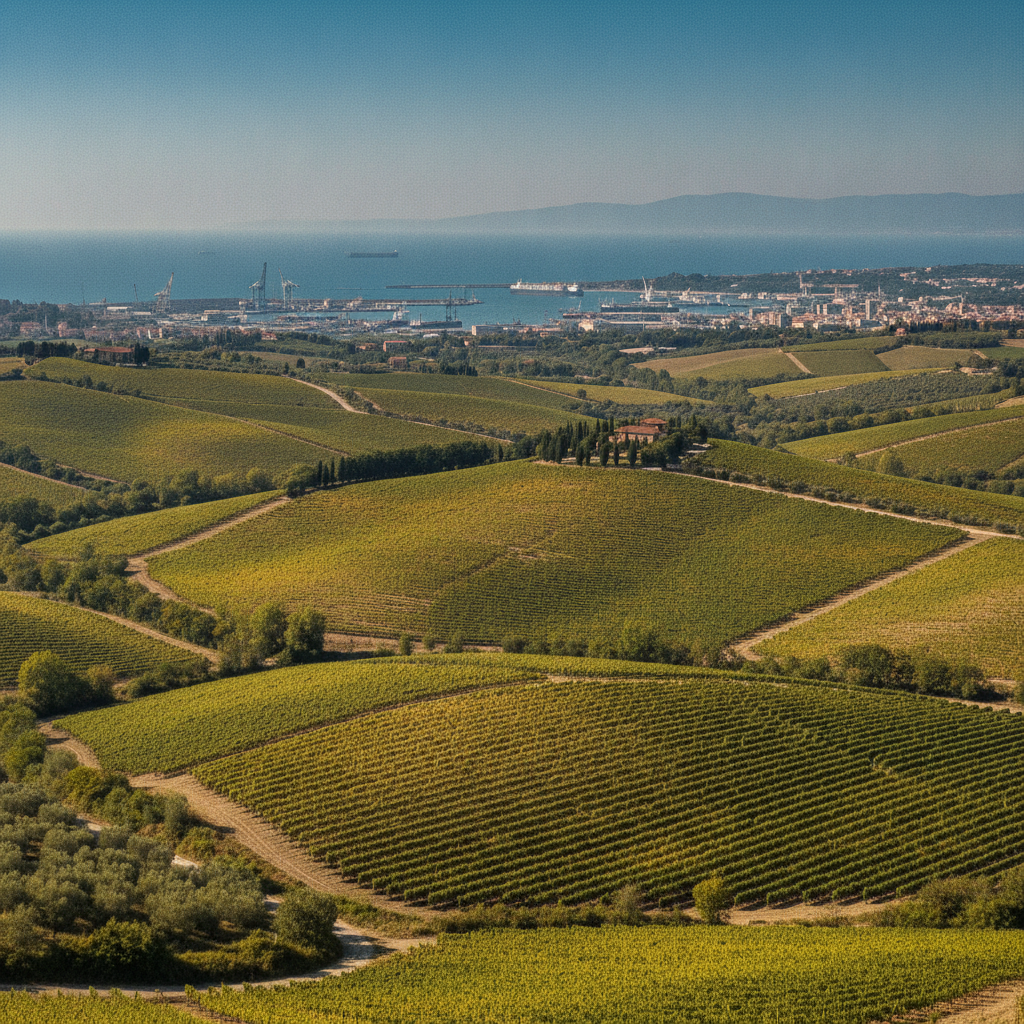Rolling vineyards in the Livorno countryside under clear Tuscan skies