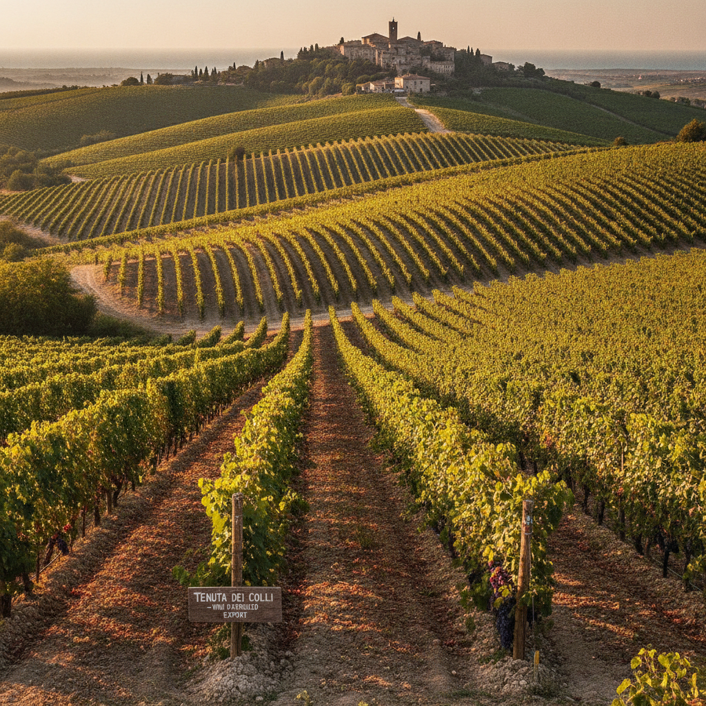 Sun-drenched vineyards stretching across rolling hills in Loreto Aprutino