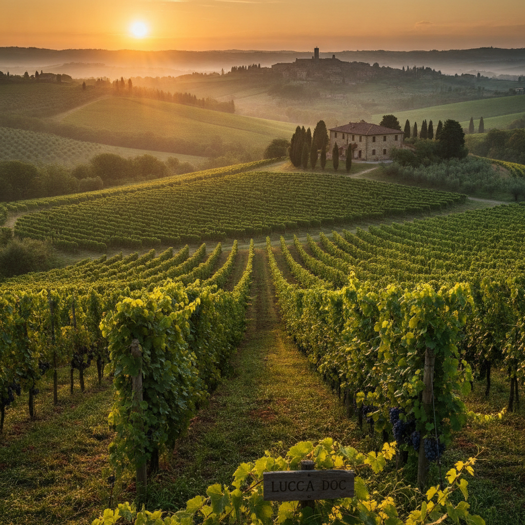 Early morning sun illuminates verdant grapevines stretching across gentle