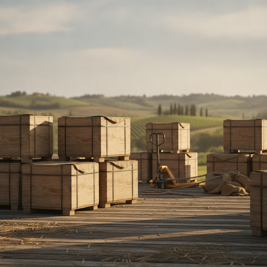 Unlabeled wine crates ready for shipment on a rustic loading dock