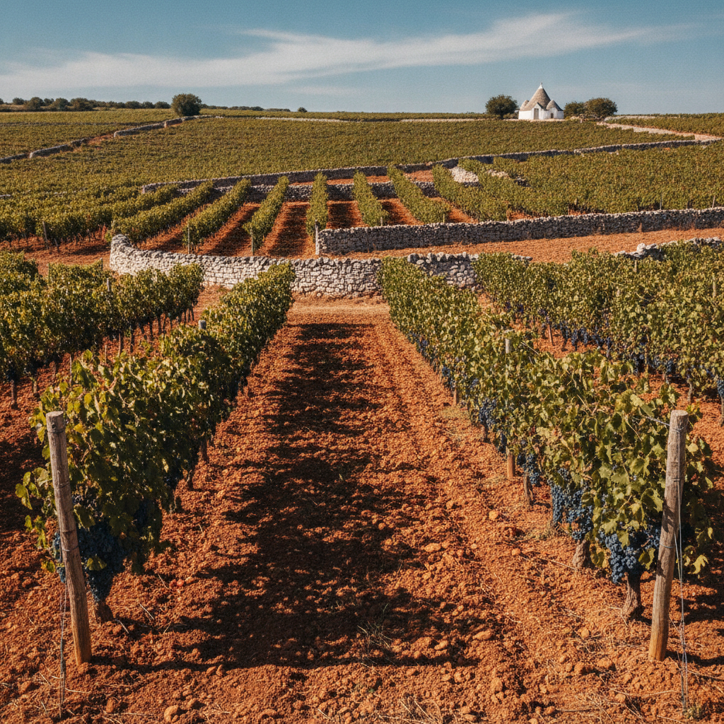 Primitivo di Manduria vineyards stretching under a bright Puglian sky