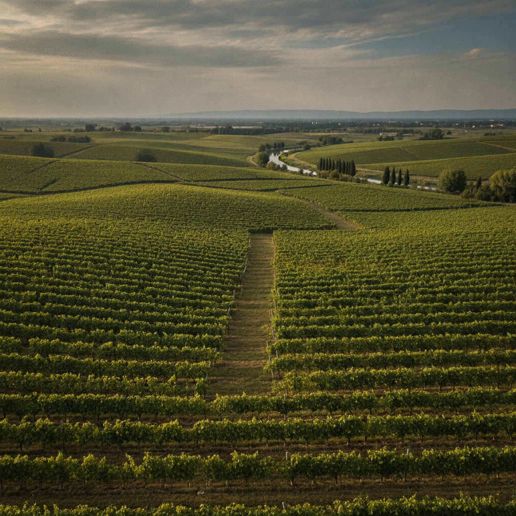 Expansive vineyards in Mantova's flat Lombard plain under a wide sky. A winding river or irrigation canal subtly visible in the distance