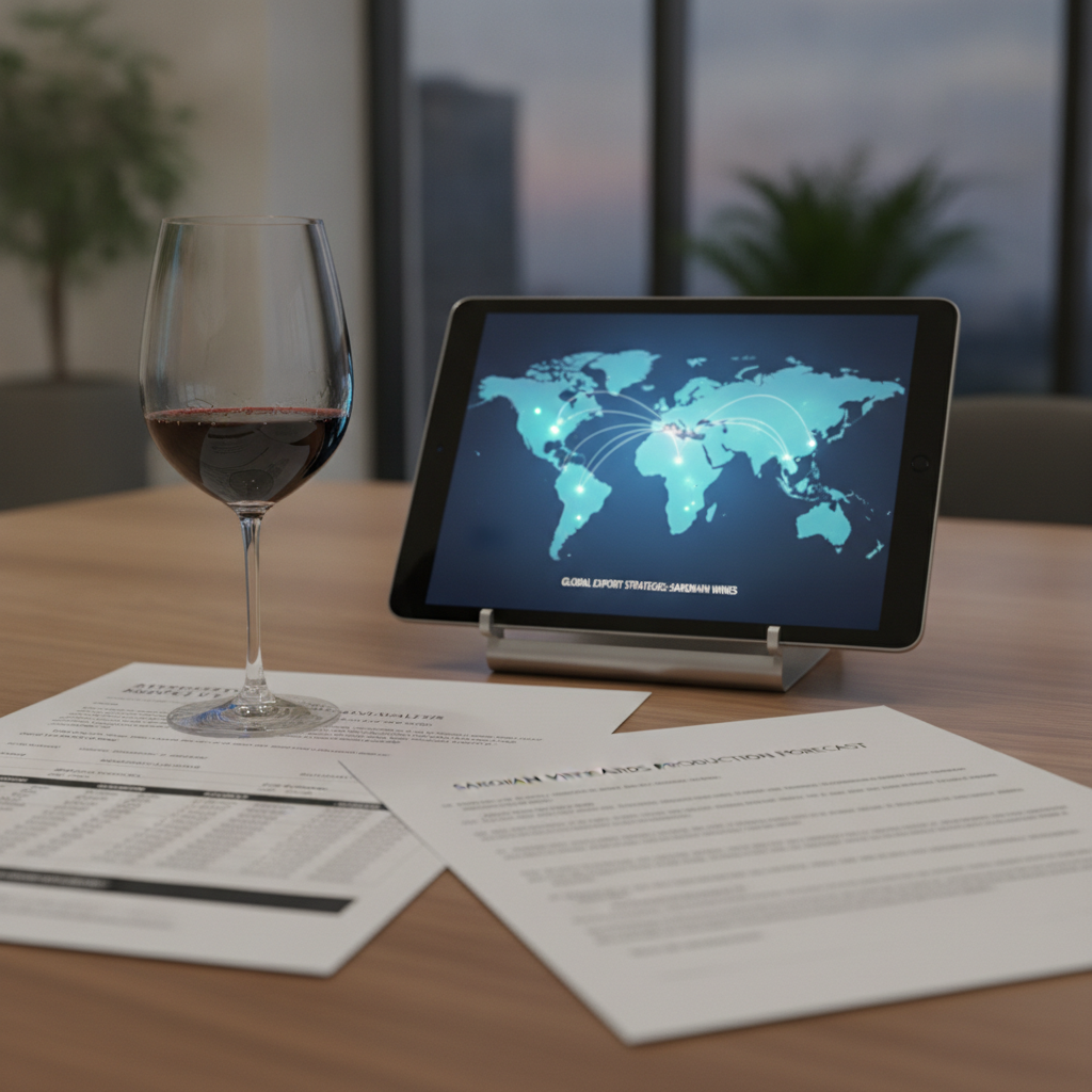 Desk with a stemless wine glass (no label) and scattered business documents. A tablet screen displays a blurred world map