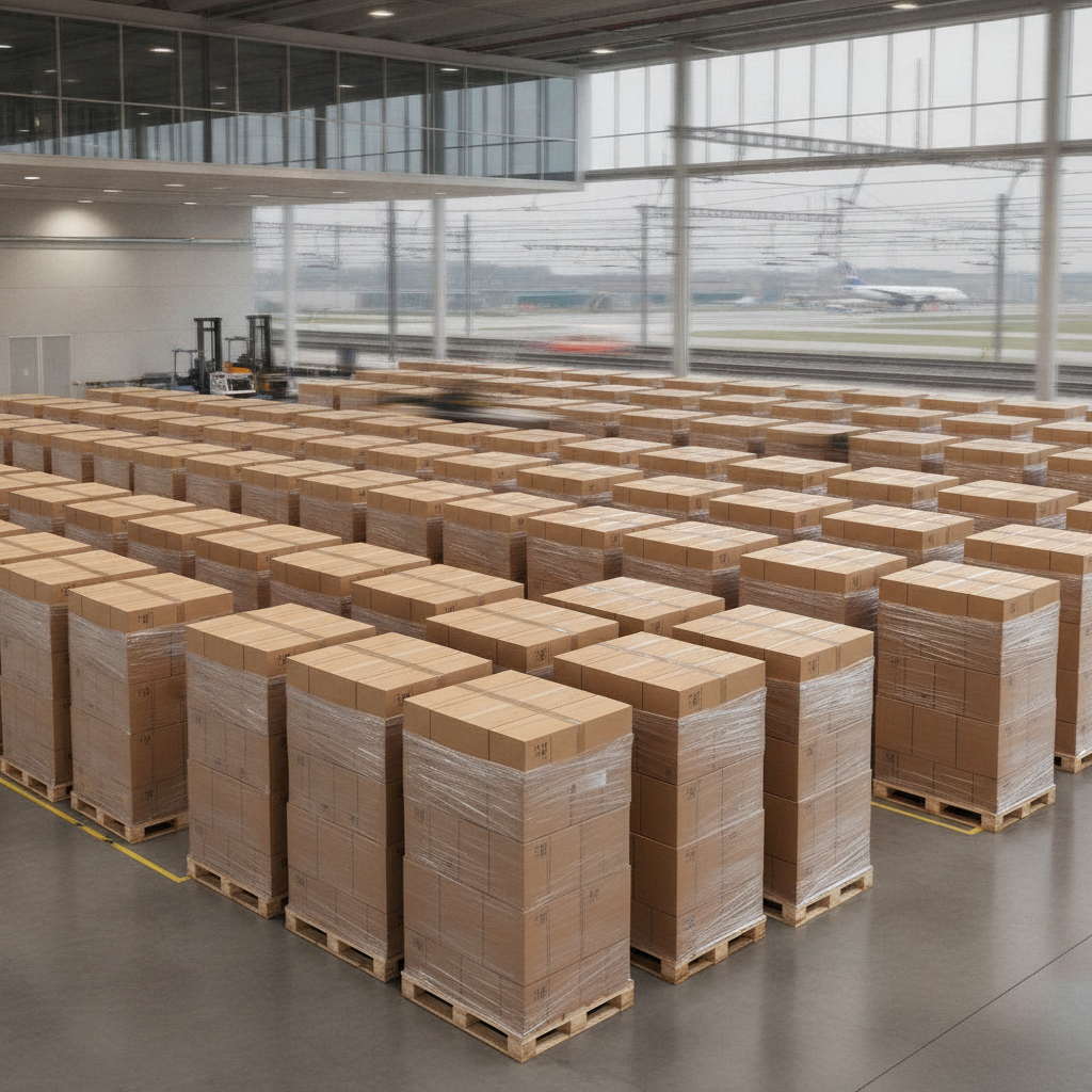Stacked unlabeled pallets of wine boxes in a sleek