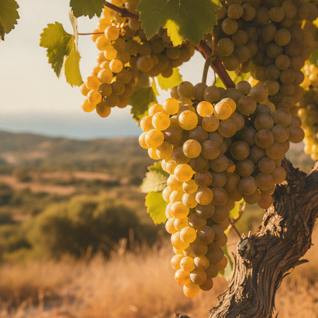 Close-up of ripe Vermentino grapes on the vine