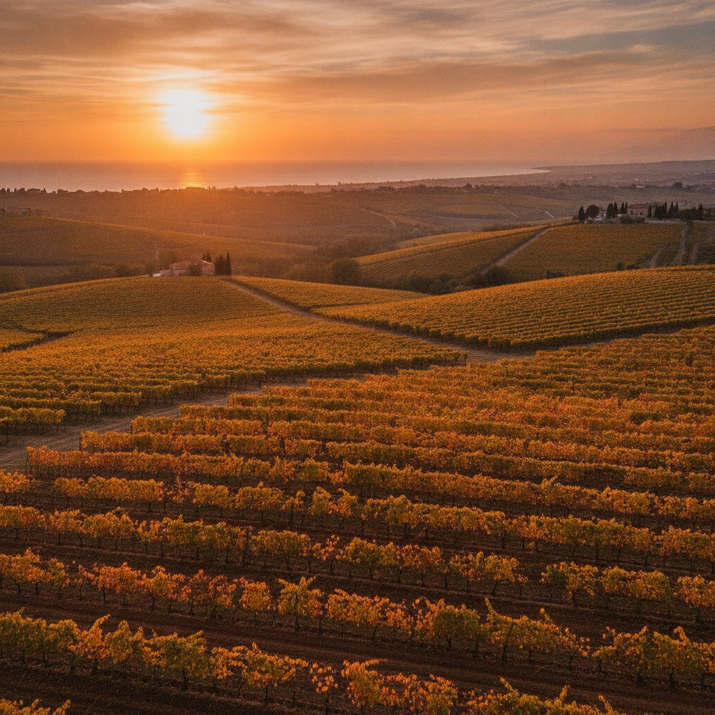 Golden hour light over vast vineyards in the Ortona area of Abruzzo