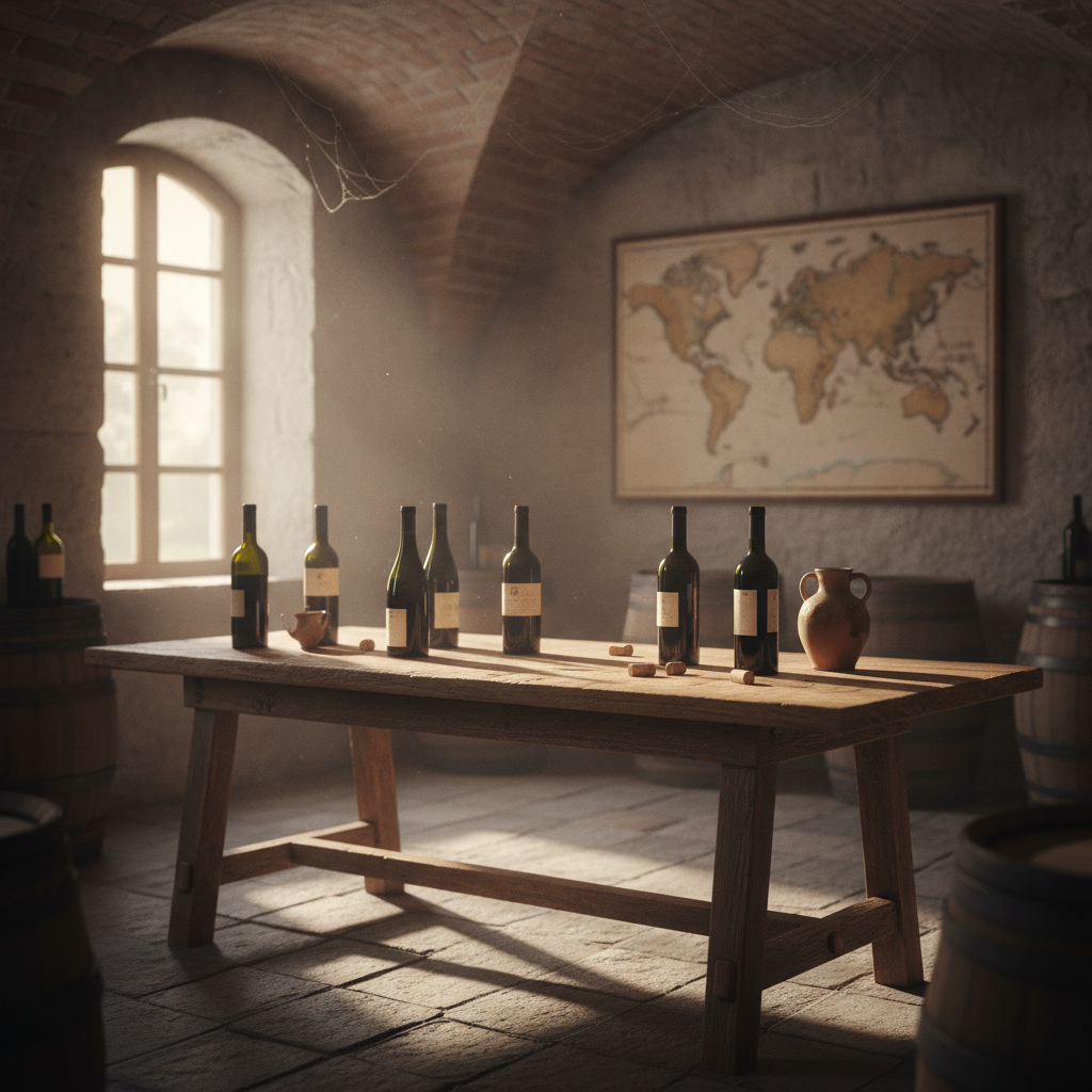 Rustikaler Tisch in einem sonnenbeschienenen historischen Keller in Padua. Unbeschriftete Weinflaschen stehen neben einem alten