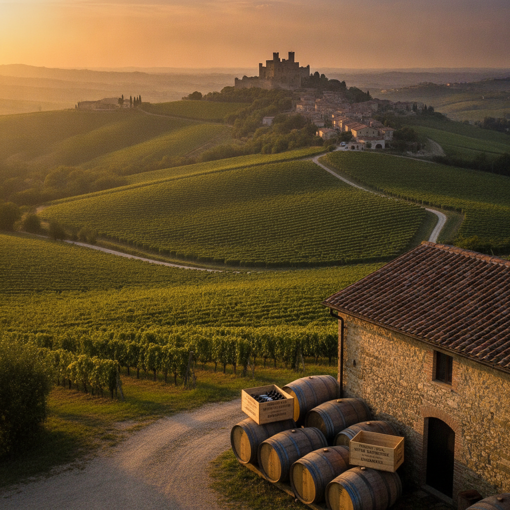 Golden hour over rolling vineyards in Pesaro and Urbino province. A historic hilltop village or fortress is visible in the distant background
