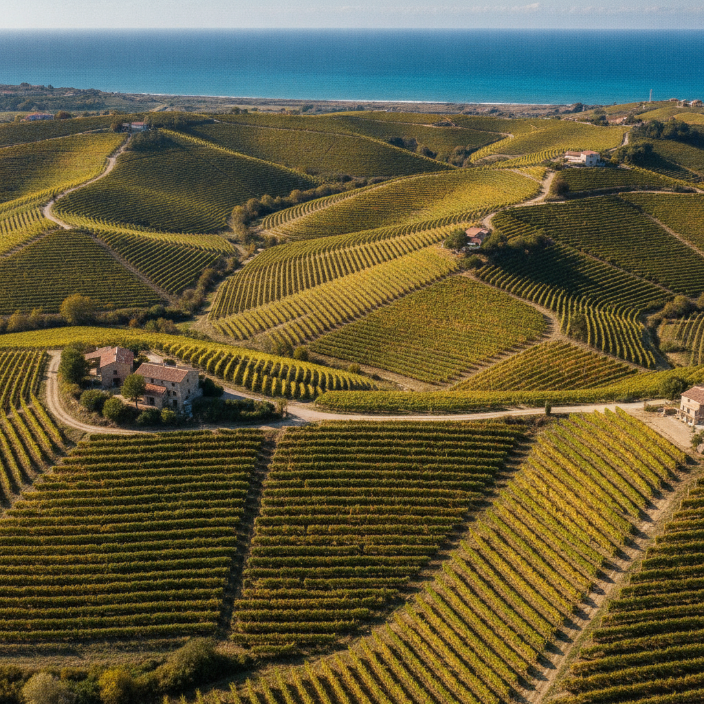 Scenic aerial view of sun-drenched Abruzzo vineyards near Pescara