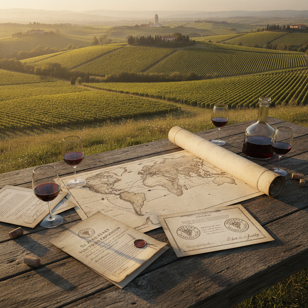 Aerial view: a rustic wooden table with a world map and export documents