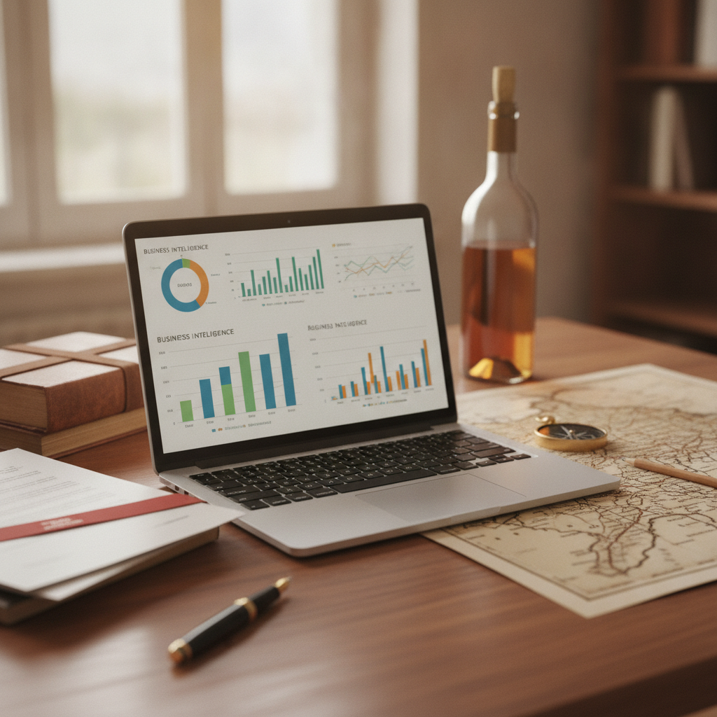 Close-up of a desk with an open laptop displaying business data