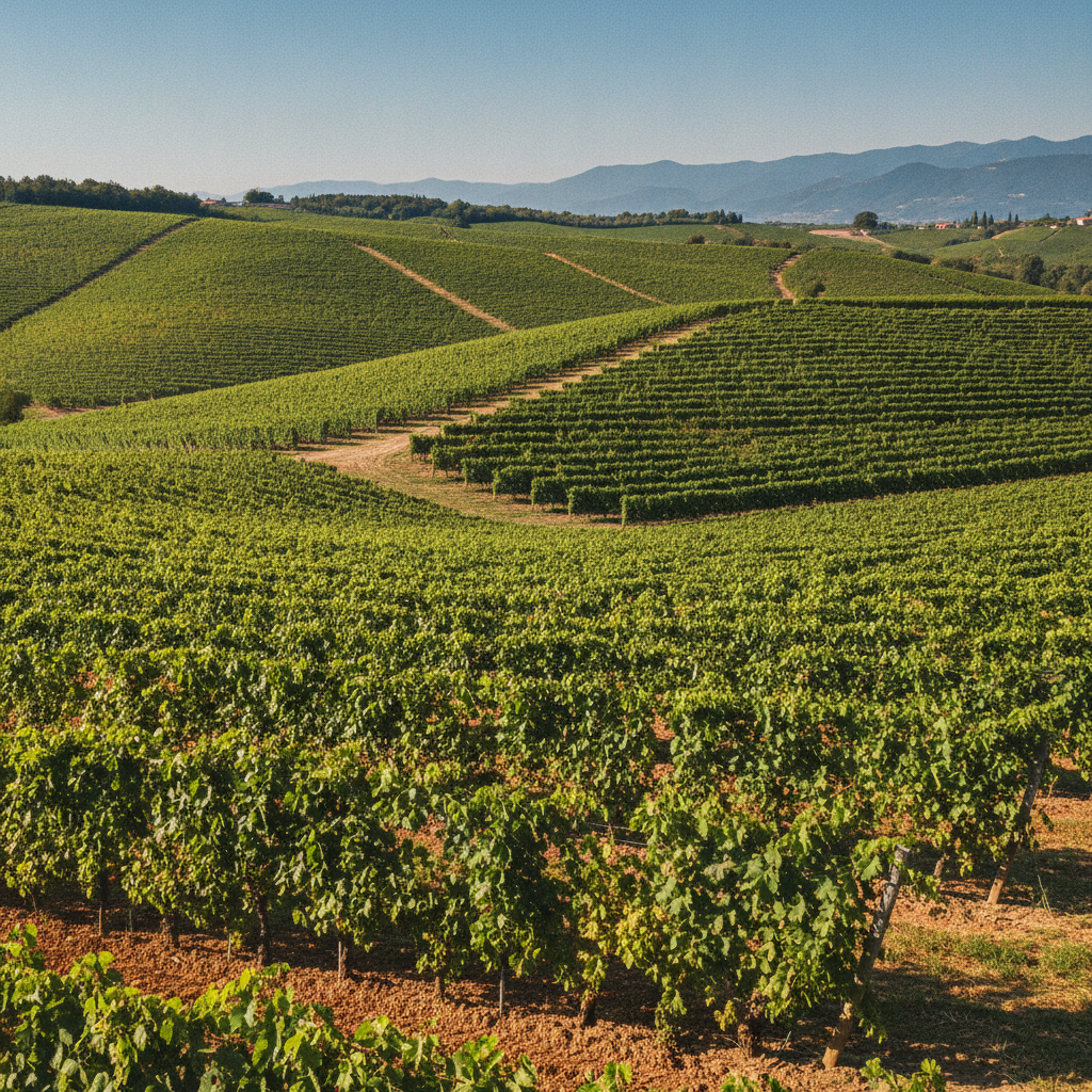 Sonnendurchflutete Weinbergreihen auf sanften Hügeln in der Region Friaul-Julisch Venetien