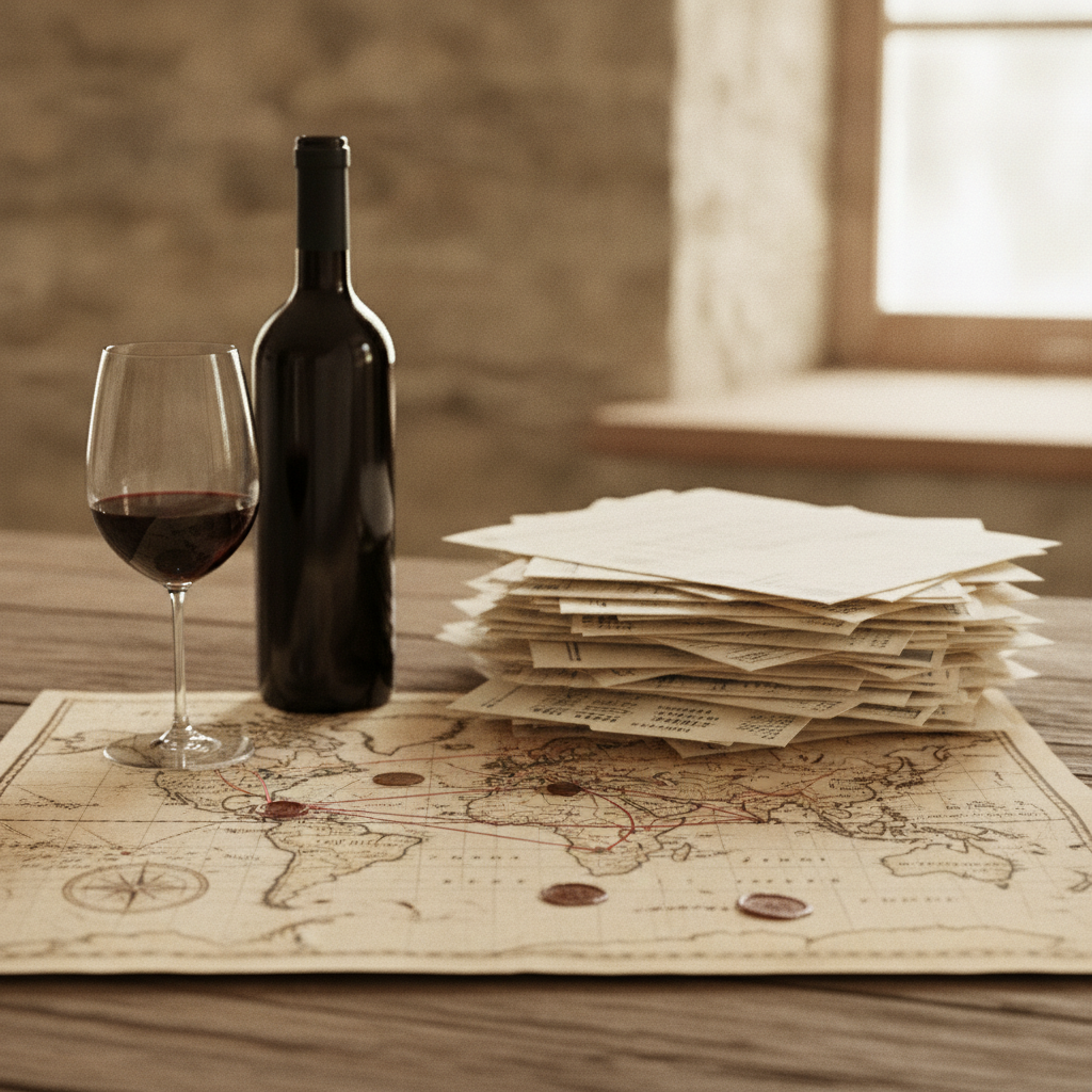 A rustic table with an unlabeled wine bottle and glass. Next to them
