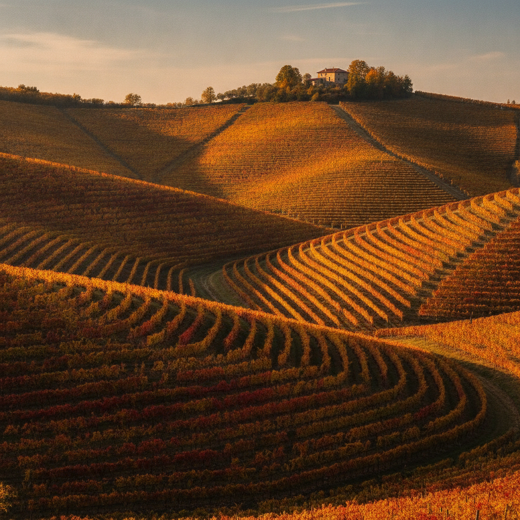 Scenic autumn view of sun-drenched rolling vineyards in Prepotto