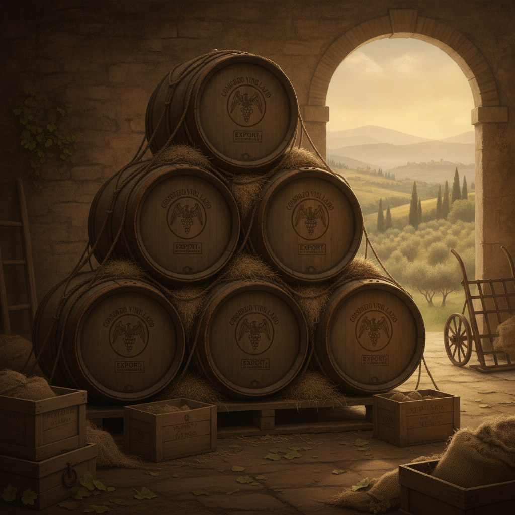A stack of traditional 60-liter wooden wine barrels from Lazio