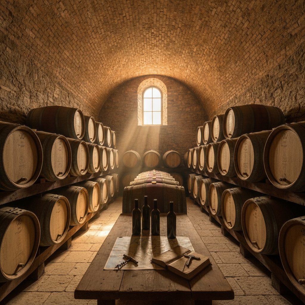 Interior of a traditional Rovescala wine cellar. Sunlight streams through a high window