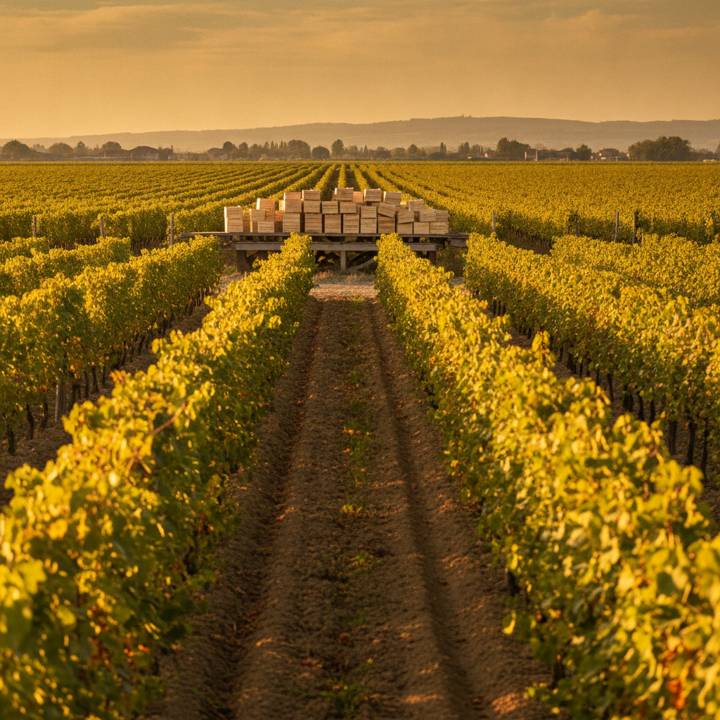 Sunlit vineyard rows in rural Polesine