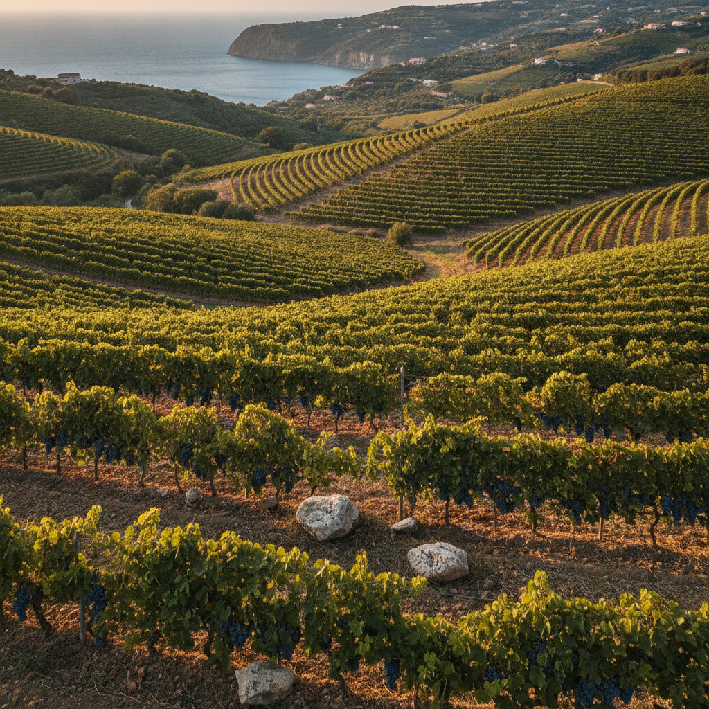 Panoramic view of flourishing vineyards on rolling hills in Salerno province