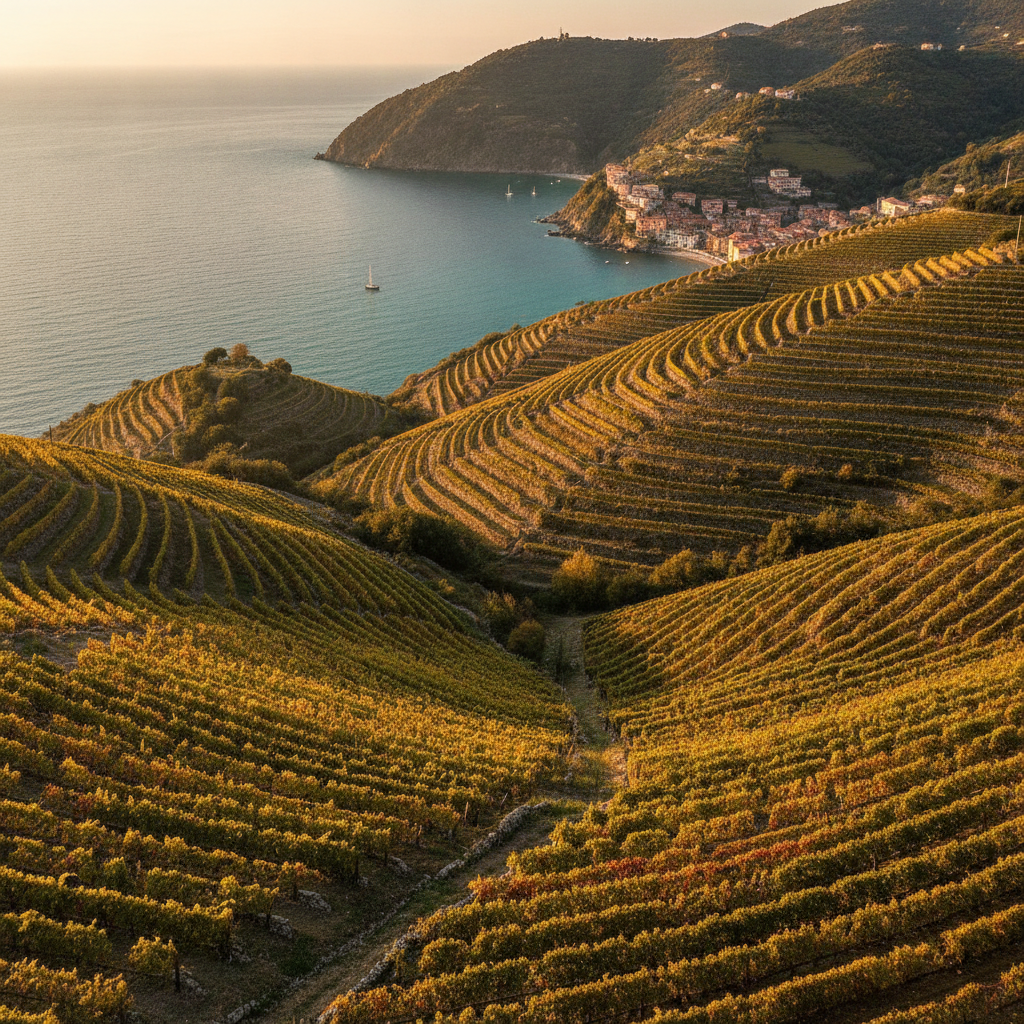 Terraced vineyards on hillsides descending towards the blue Ligurian Sea