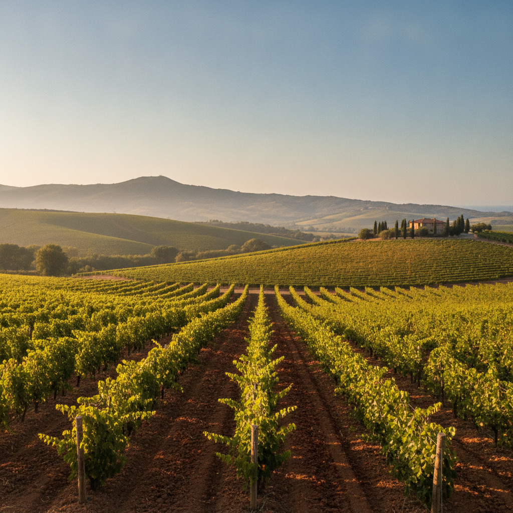 Expansive view of sun-drenched Sangiovese vineyards in Maremma Toscana